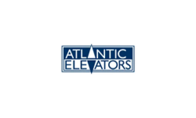 Logo of Atlantic Elevators featuring blue rectangular design with white and blue text and triangular shapes