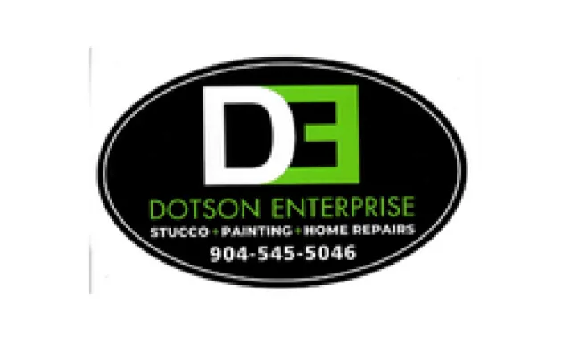 Dotson Enterprise logo with black oval background, green and white initials, specializing in stucco, painting, home repairs.