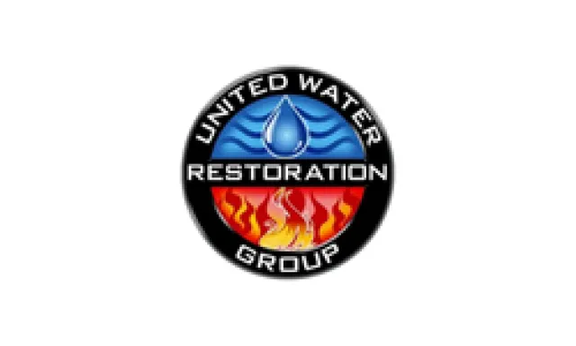 Round logo of United Water Restoration Group with water drop and flames inside circle design.