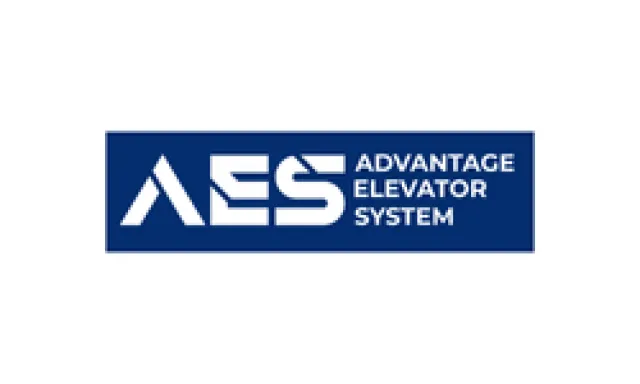 Advantage Elevator System AES logo with white text on a blue rectangular background.
