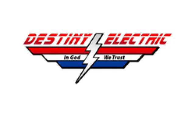 Destiny Electric logo with a red, white, and blue design featuring a lightning bolt and the phrase In God We Trust