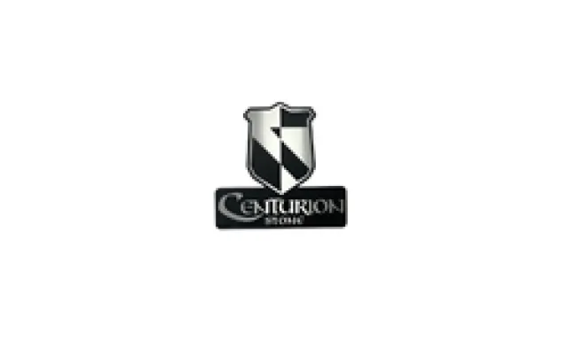 Centurion Security logo featuring a shield with black and silver diagonal stripes and stylized text.