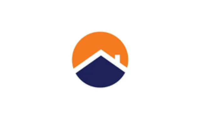 Logo featuring a navy blue house silhouette with an orange semicircle rising behind it.