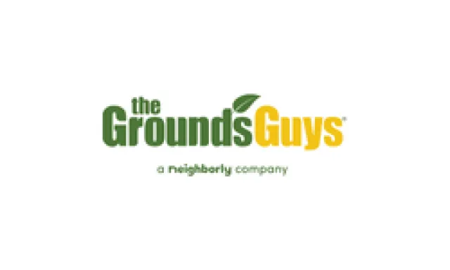 The Grounds Guys logo with green and yellow text and a leaf graphic, a Neighborly company.