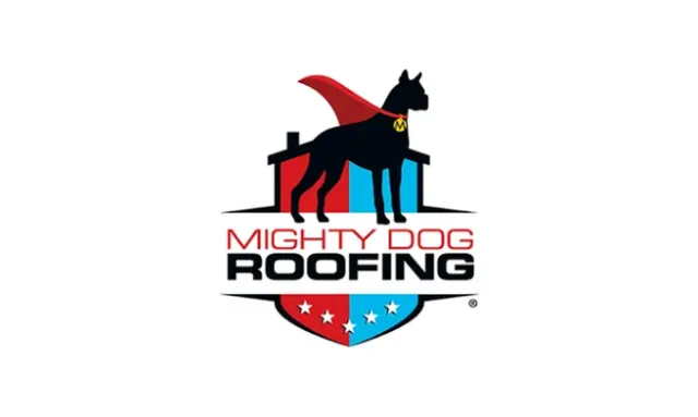 Mighty Dog Roofing logo with a black dog wearing a red cape standing on a house-shaped shield in red and blue.
