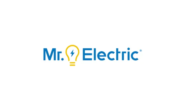 Mr. Electric logo with blue text and a yellow lightbulb icon featuring a lightning bolt on a white background