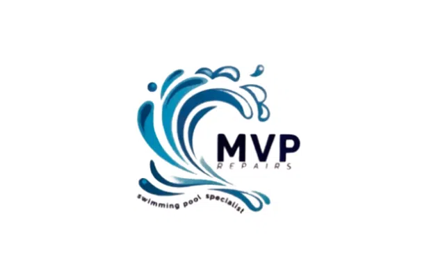 MVP Repairs logo with stylized blue water splash and text swimming pool specialist on white background