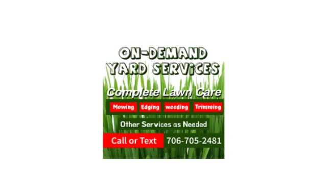 On-demand yard services offering mowing, edging, weeding, trimming with a contact number on grass background