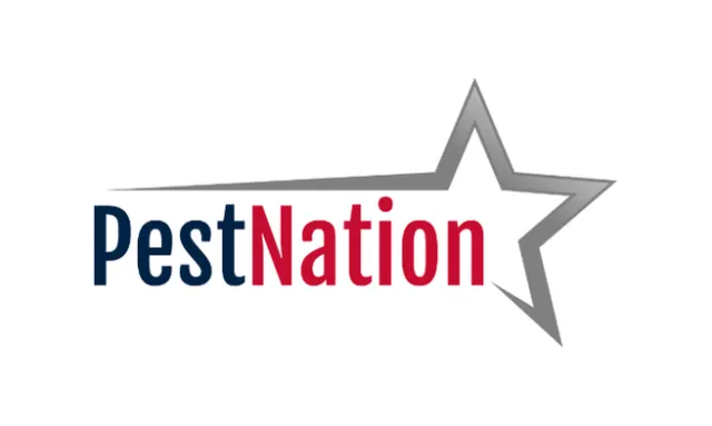 PestNation logo with blue and red text and a gray star design against a white background