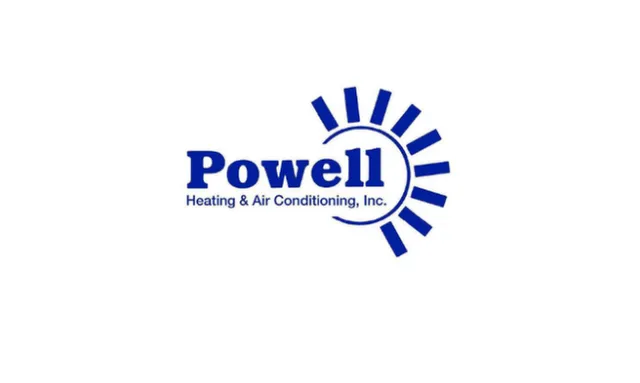 Powell Heating & Air Conditioning logo with sun rays design in blue on white background