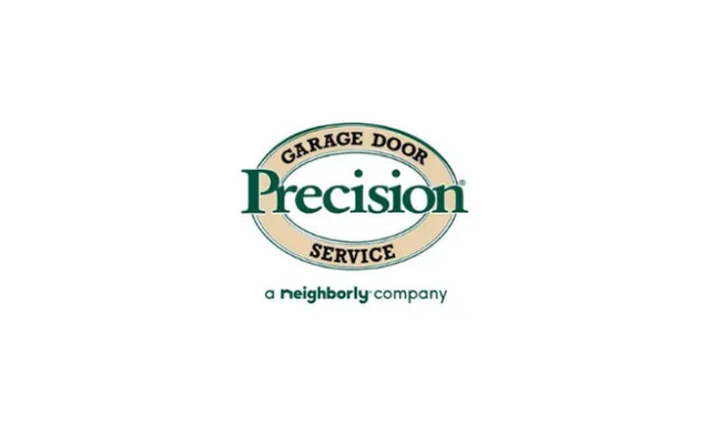 Precision Garage Door Service logo with an oval beige background and green text including a Neighborly company tagline.