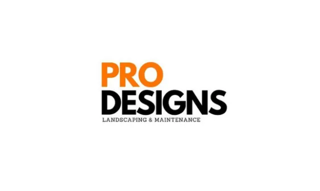 Logo for Pro Designs Landscaping & Maintenance with bold orange and black text on white background