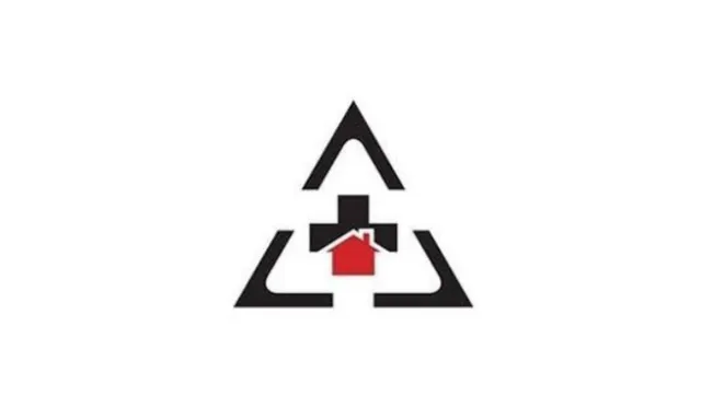 Black triangle outline with a black cross intersecting a red house icon in the center on white background.