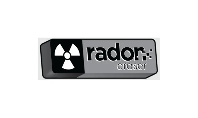 Rectangular logo with a radiation symbol and the text rador eraser in black and gray tones
