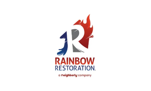 Rainbow Restoration logo with stylized R and flames in red and blue representing fire and water restoration