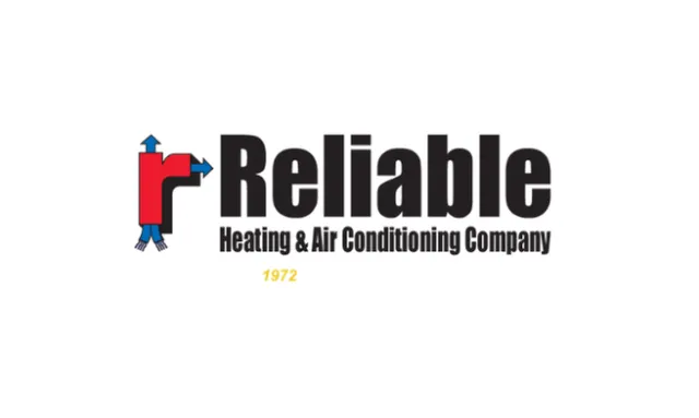Reliable Heating & Air Conditioning Company logo with red 'r' and blue arrows, established 1972.