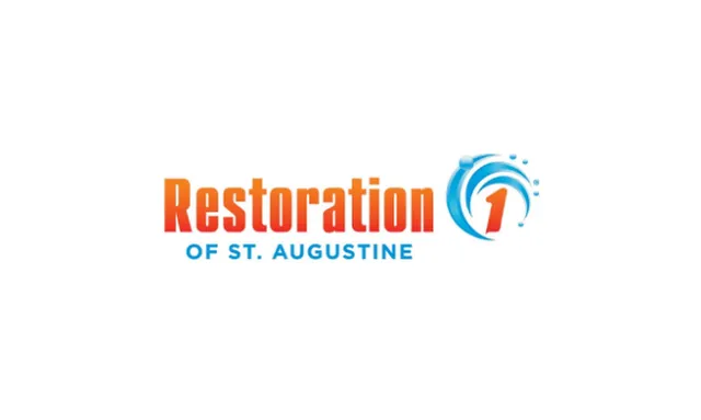 Restoration 1 of St. Augustine logo with orange and blue text and a water swirl graphic on white background