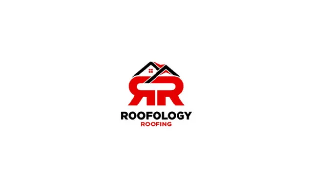 Roofology Roofing logo featuring red stylized RR letters with a black and red roof icon on white background