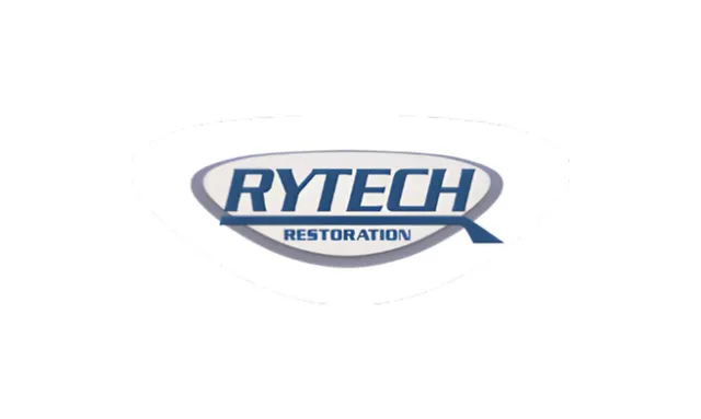 Logo of Rytech Restoration featuring blue text and a swoosh design on a white background