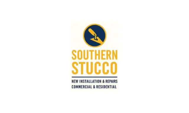 Southern Stucco logo with trowel icon, offering new installation and repair services for commercial and residential properties