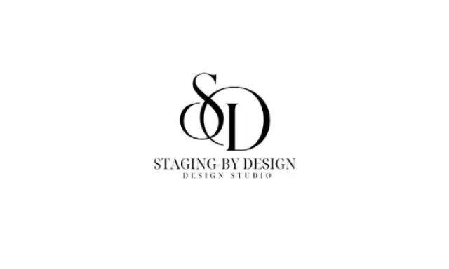 Black and white logo for Staging-By Design Design Studio with stylized S and D letters.