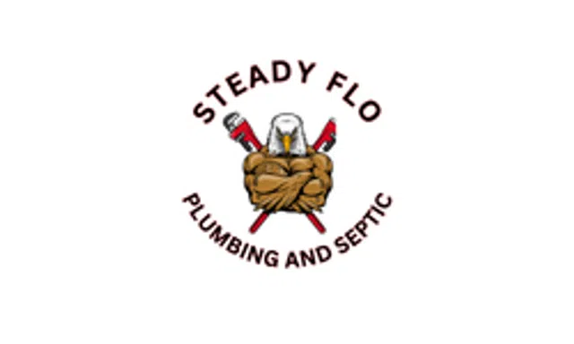 Muscular eagle mascot with crossed plumbing wrenches logo for Steady Flo Plumbing and Septic.