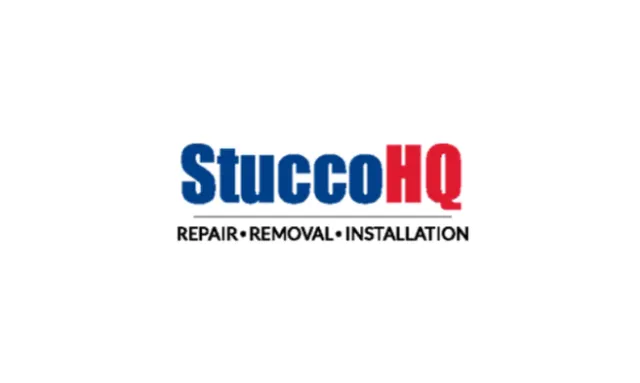 StuccoHQ logo featuring blue and red text with services repair, removal, and installation listed below.
