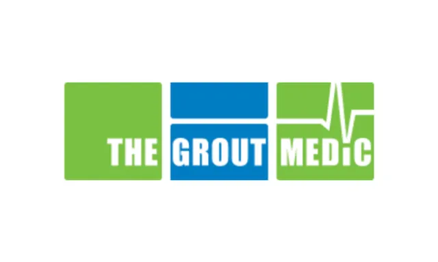 Logo for The Grout Medic featuring green and blue blocks with white text and a heartbeat line.