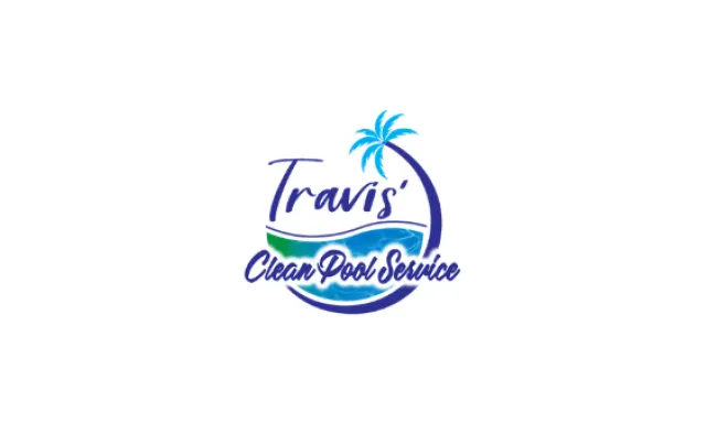 Travis' Clean Pool Service logo with a palm tree and water wave graphic in blue and green colors