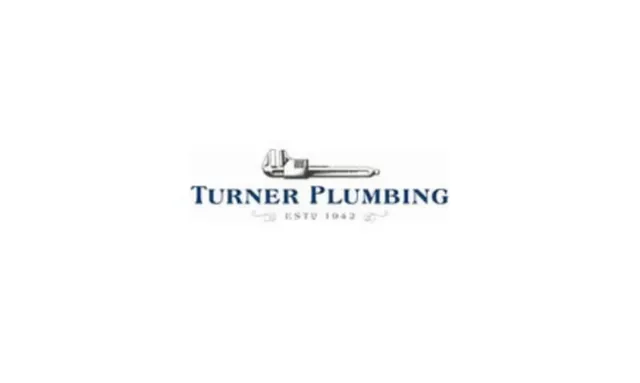 Turner Plumbing logo with a pipe wrench above the company name and established year 1942 in blue and gray.
