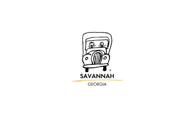 Logo of Savannah Georgia featuring a simple black and white sketch of a trolley with two passengers.