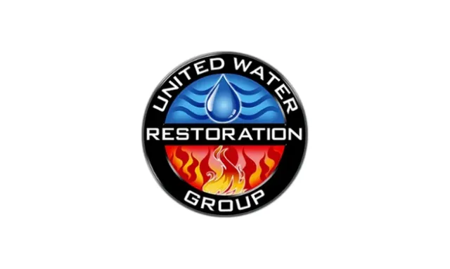 United Water Restoration Group logo with water drop, waves, and flames in circular design