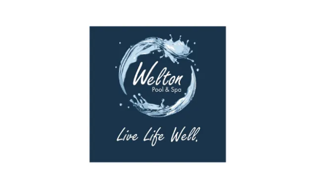 Welton Pool & Spa logo with water splash design and slogan Live Life Well on dark blue background