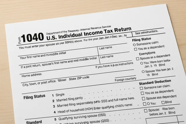 Close-up of IRS Form 1040 for U.S. Individual Income Tax Return with filing status and deduction options.