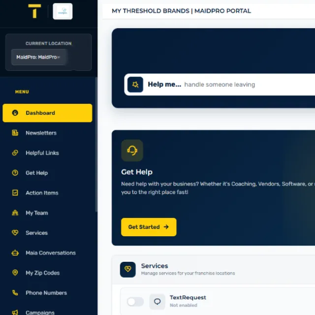 Dashboard of MaidPro portal showing menu, get help section, services, and user support options
