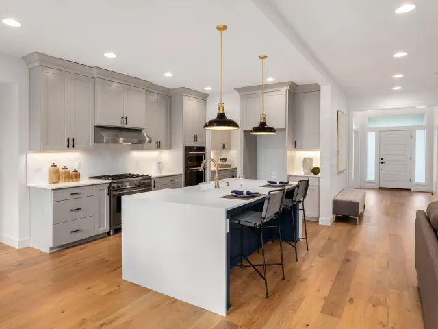 a kitchen with a dining table