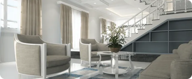 a room with a staircase and chairs