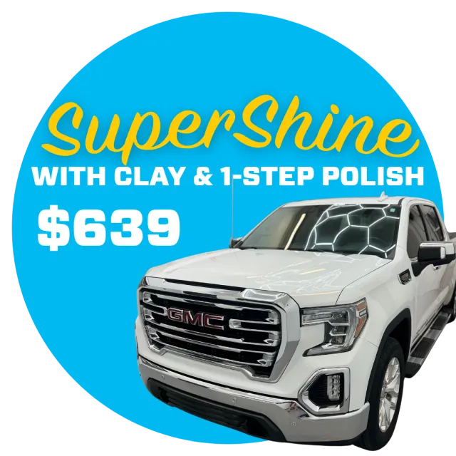 White GMC truck polished with clay and 1-step polish service for $639 on blue background