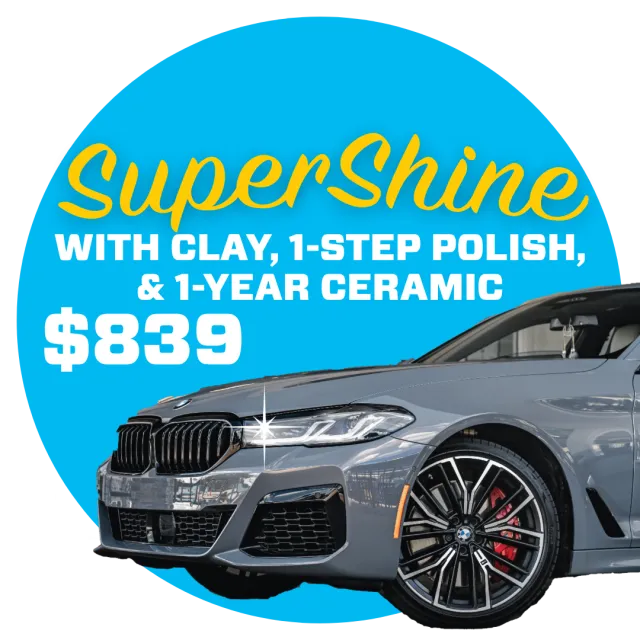 Gray BMW car front view with SuperShine clay, polish, and ceramic package offer for $839.