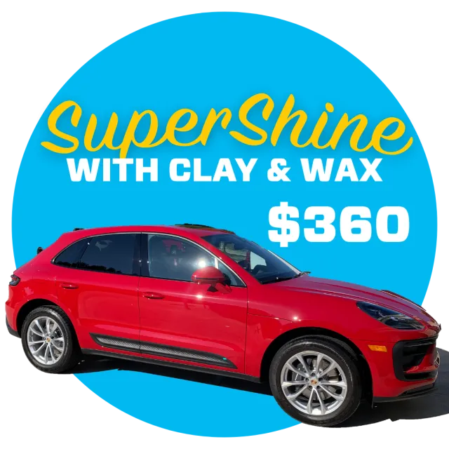 Red SUV with glossy finish advertising SuperShine clay and wax service for $360 on blue background