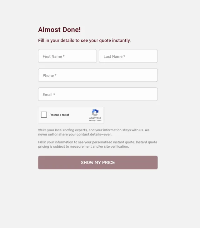 Online form requesting name, phone, email, and captcha verification for a personalized roofing quote.