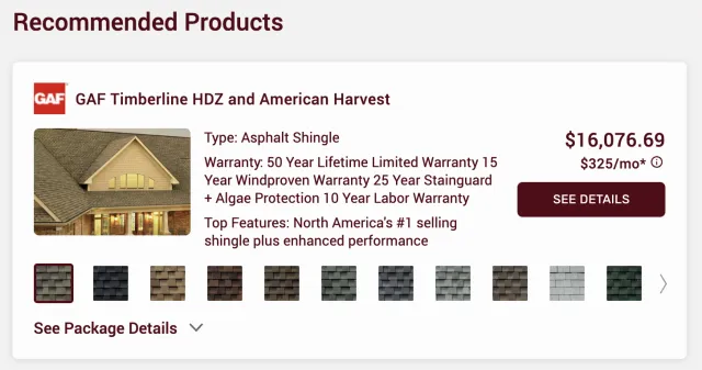 GAF Timberline HDZ and American Harvest asphalt shingles with multiple color options and warranty details.