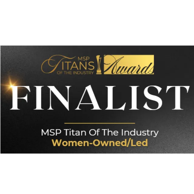 Black and gold MSP Titan of the Industry Awards finalist badge for women-owned or led businesses