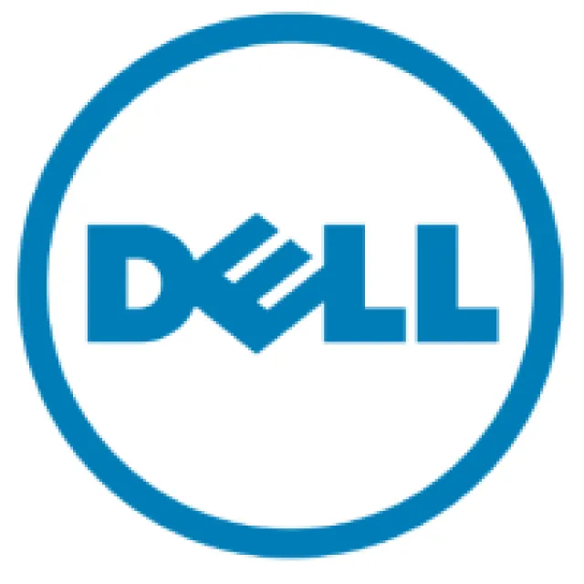 Blue Dell logo with stylized tilted E inside blue circular border on white background
