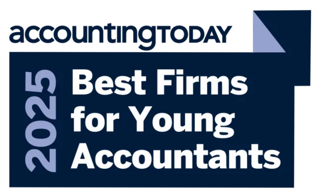 2025 Best Firms for Young Accountants award logo by Accounting Today in blue and white design