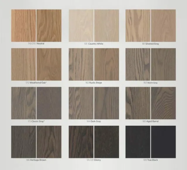 Wood stain samples in various shades from neutral to true black displayed in pairs on a white background.
