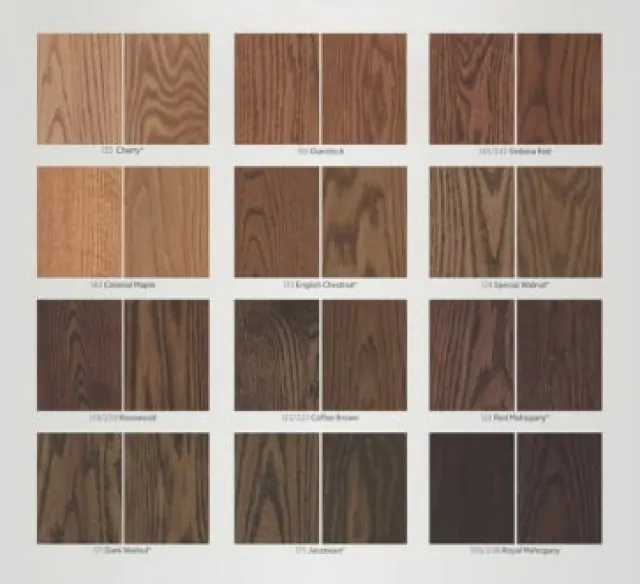 Twelve wood sample pairs showcasing a range of brown shades and grain patterns for flooring or furniture.