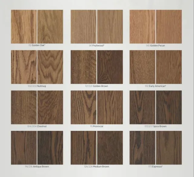 Wood stain samples in various shades from light golden oak to dark espresso displayed in pairs on a white background.