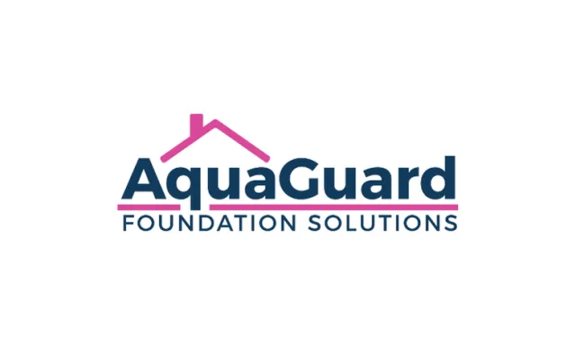 AquaGuard Foundation Solutions logo with a pink roof icon and navy blue text on a white background