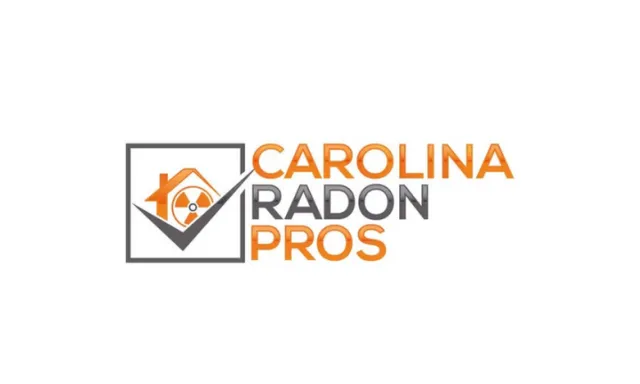 Logo for Carolina Radon Pros with house and checkmark icon in orange and gray colors